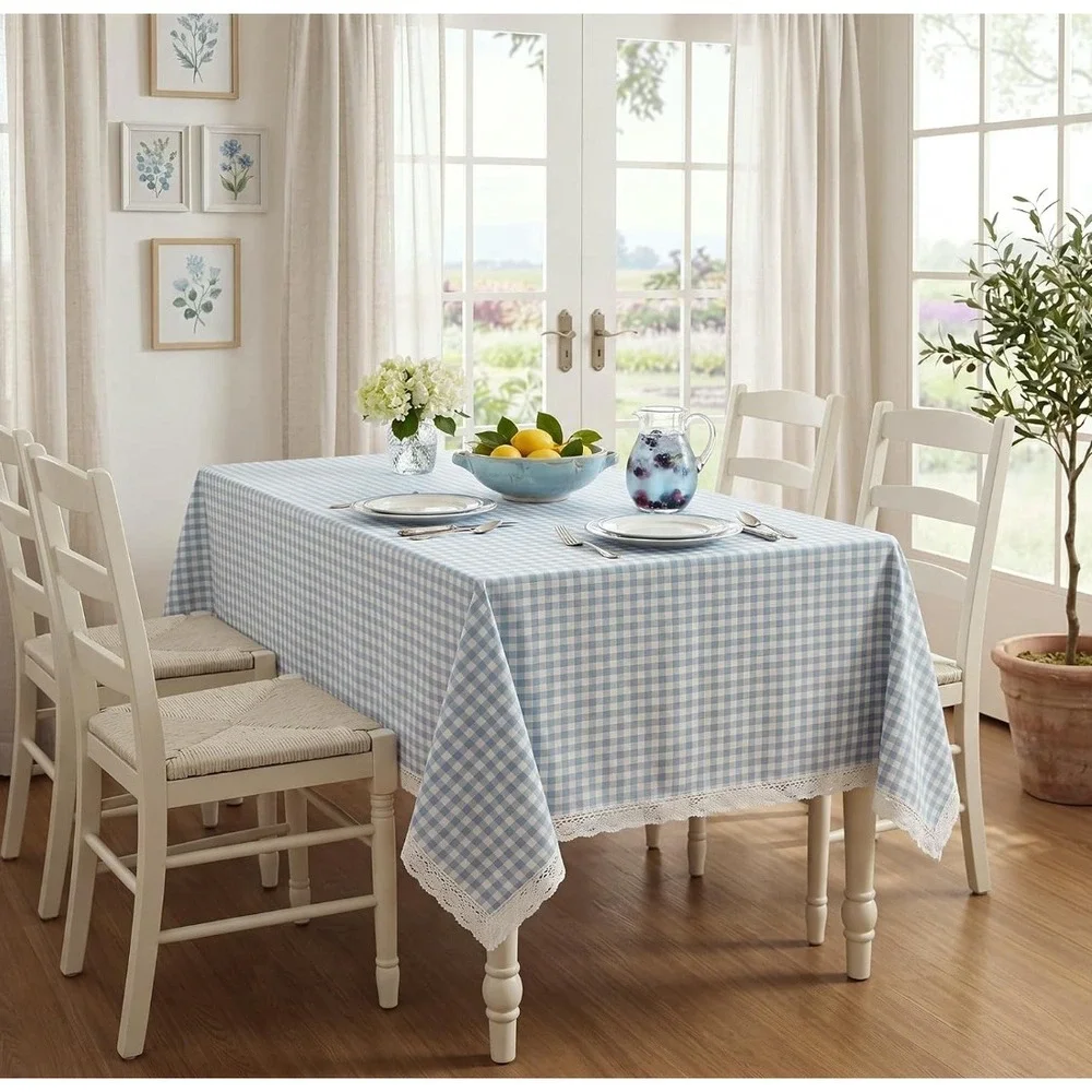 Blue Gingham Checkered Tablecloth with White Lace Trim | 52x70 Rectangular NEW
